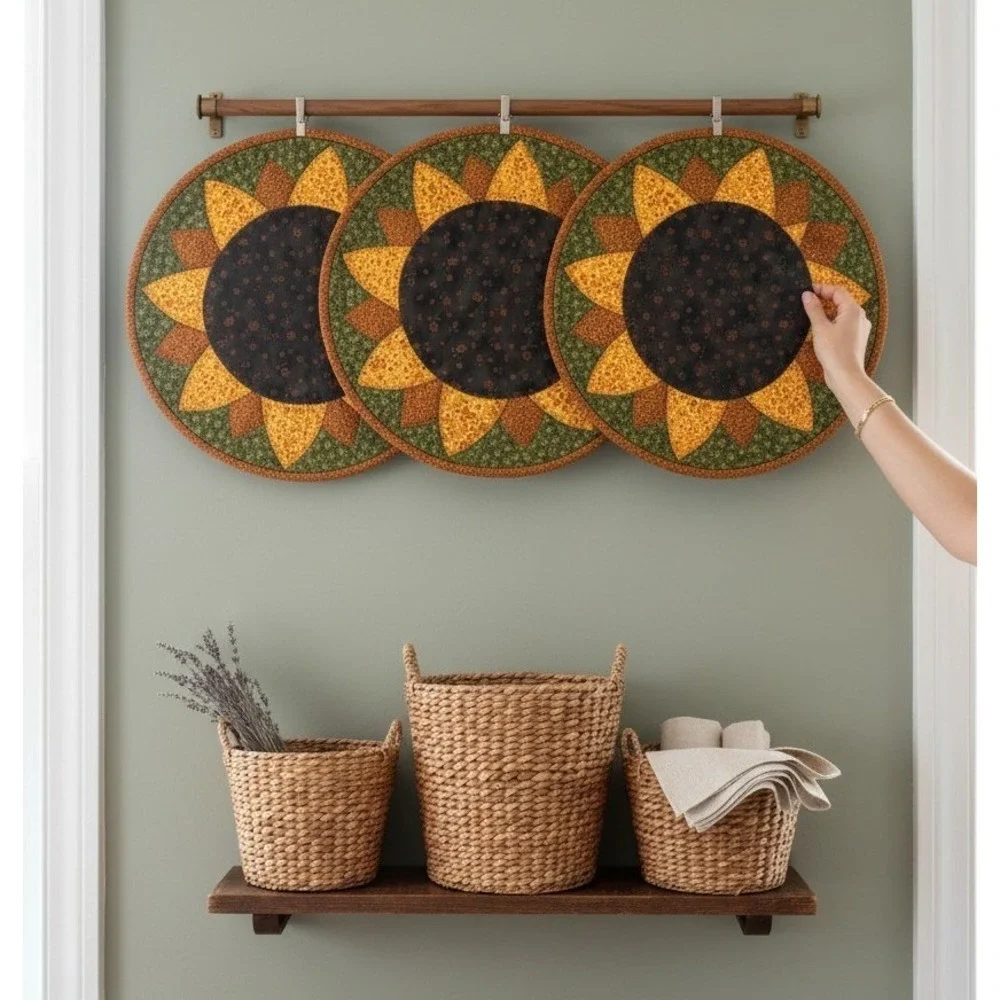 Vintage Sunflower Quilted Wall Decor - Patchwork Floral Rustic Boho Cottagecore